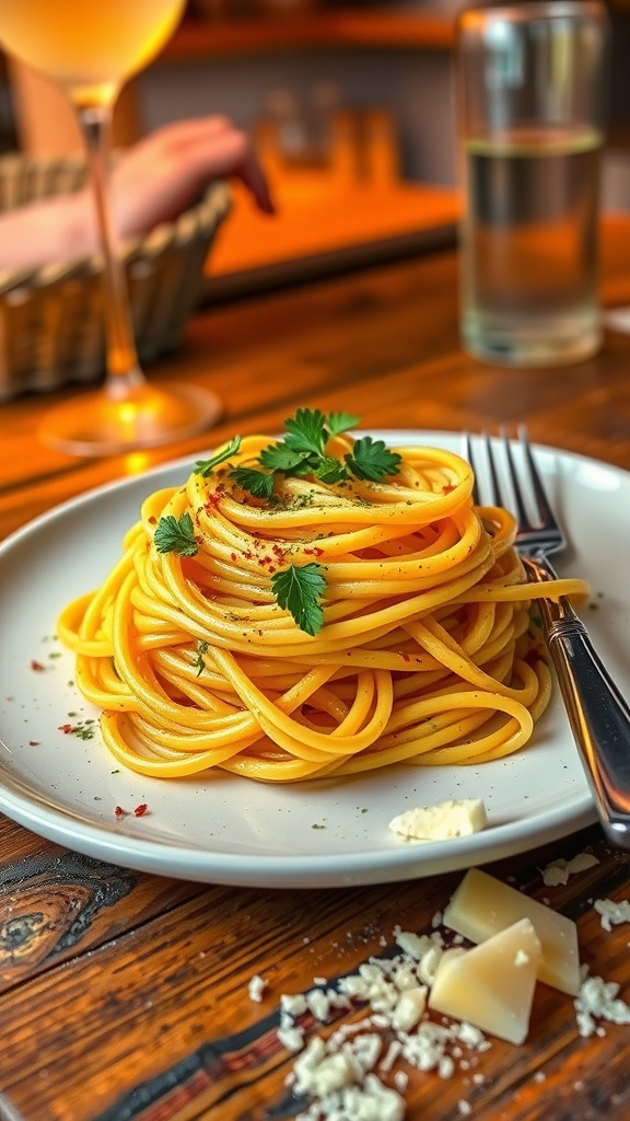 Savory One Dollar Dinner: Simple Pasta with Garlic and Olive Oil A delicious plate of garlic oil spaghetti garnished with parsley and Parmesan on a wooden table.
